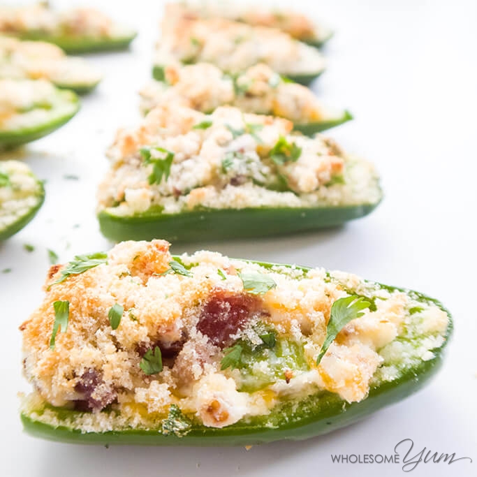 These easy cream cheese jalapeno poppers with bacon have a healthy, low carb & gluten-free breading. Super easy to make with ingredients you have right now!