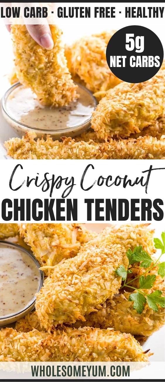 This healthy, baked coconut chicken tenders recipe needs only 6 ingredients. Naturally low carb, paleo, and gluten-free.