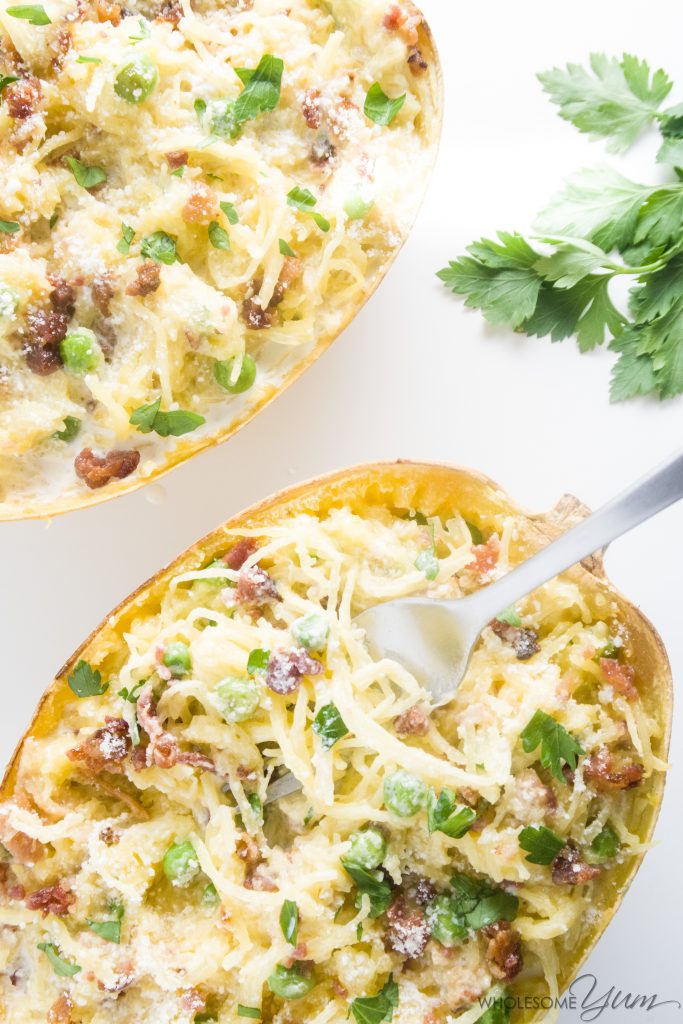 9-Ingredient Spaghetti Squash Carbonara (Low Carb, Gluten-free) - This low carb, gluten-free spaghetti squash recipe features a creamy, decadent bacon carbonara sauce. Only 9 ingredients and 9 grams carbs!
