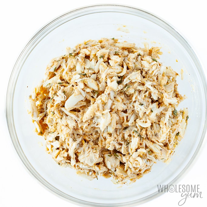 Crab meat and seasoning in a bowl