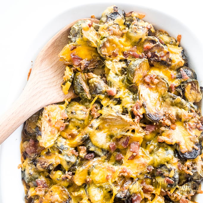 Brussels Sprouts Casserole Au Gratin with Bacon (Low Carb, Gluten-free) - Pinterest Image