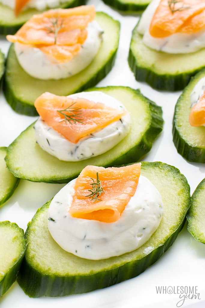 Close up picture of smoked salmon cucumber appetizers