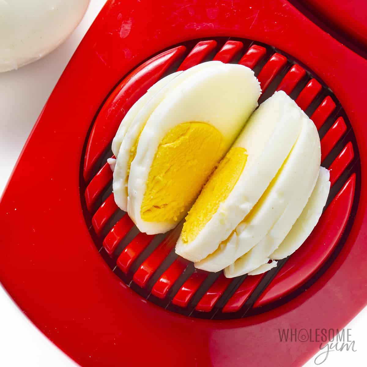 Eggs sliced in egg slicer.