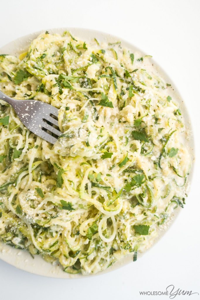 bowl of keto zucchini noodles with alfredo sauce