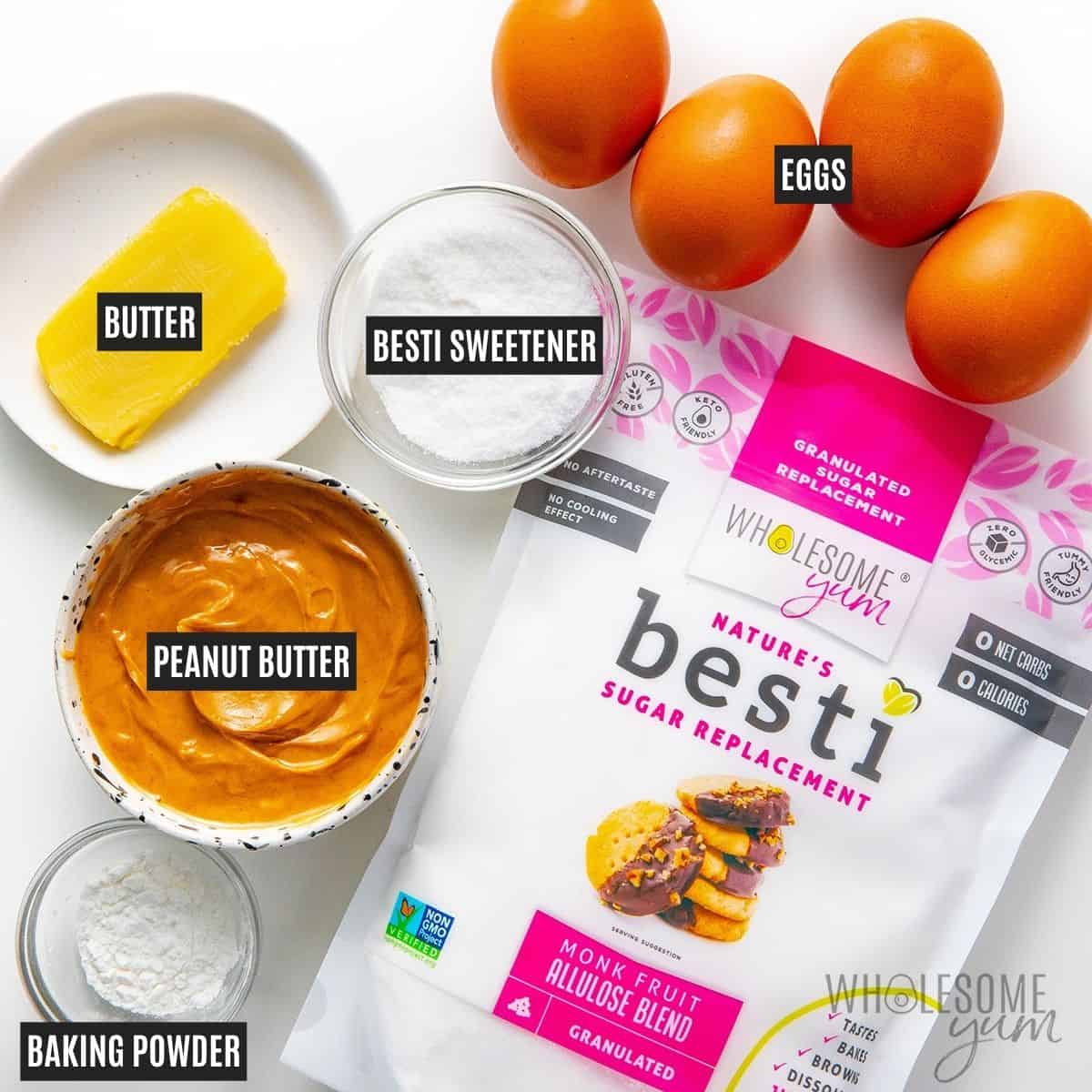 Labeled recipe ingredients: Peanut butter, Besti Monk Fruit Allulose Blend, eggs, unsalted butter, baking powder, and cooking spray.
