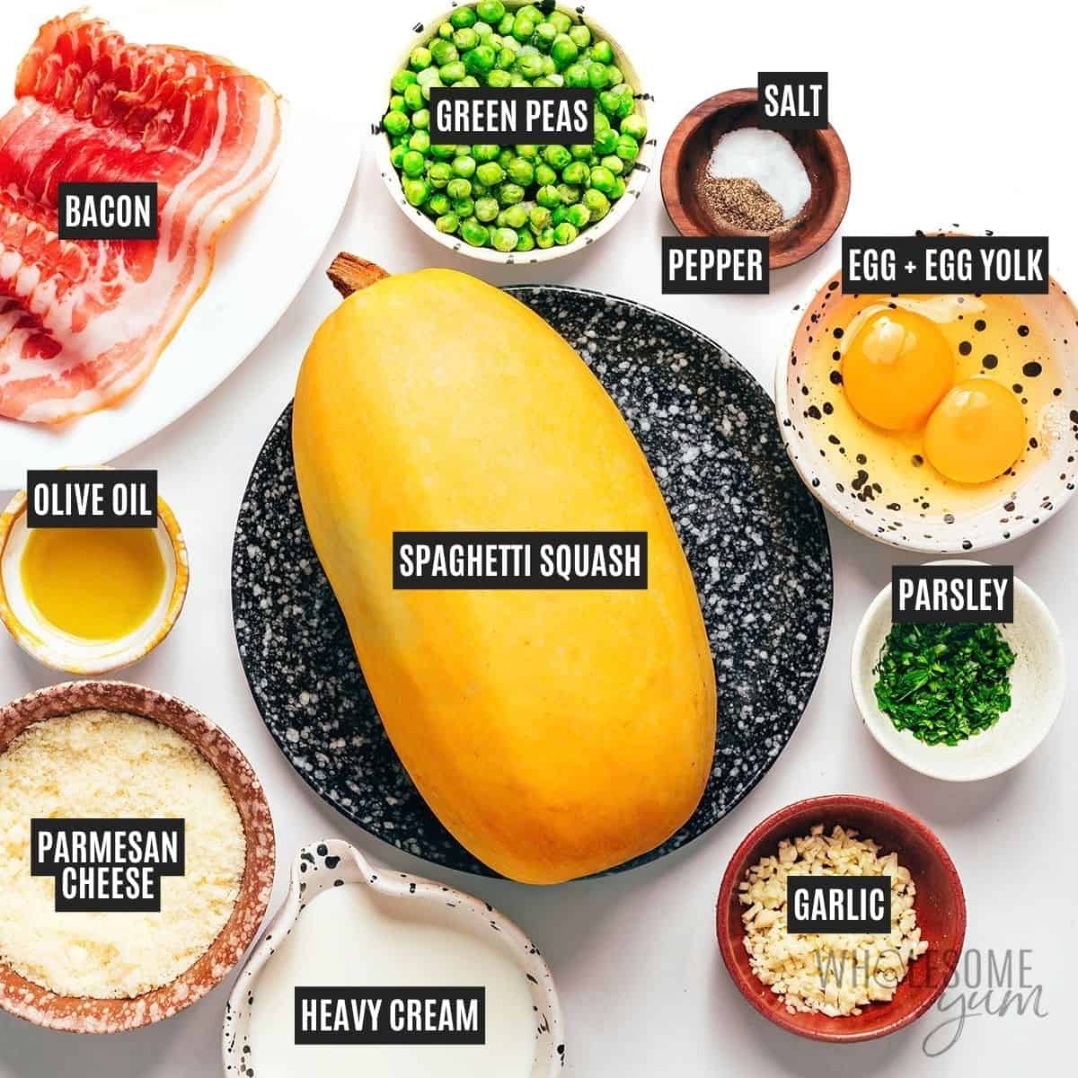 Labeled recipe ingredients: spaghetti squash, bacon, green peas, heavy cream, grated parmesan cheese, garlic, egg, egg yolk, olive oil, black pepper, and sea salt.