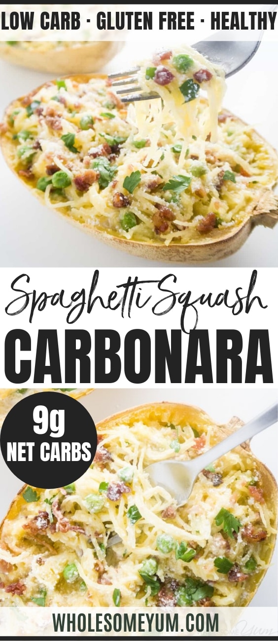 9-Ingredient Spaghetti Squash Carbonara (Low Carb, Gluten-free) - This low carb, gluten-free spaghetti squash recipe features a creamy, decadent bacon carbonara sauce. Only 9 ingredients and 9 grams carbs!