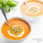 Keto Low Carb Roasted Tomato Soup Recipe - This easy low carb tomato soup recipe is bursting with roasted tomatoes & fresh basil. Who knew keto roasted tomato soup could be so delicious? There's a paleo option, too. Detail: 5-ingredient-roasted-tomato-soup-low-carb-gluten-free-4