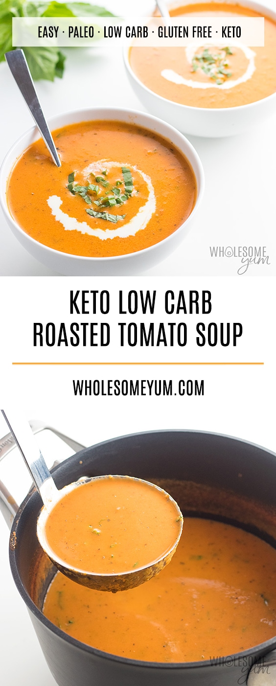 Keto Low Carb Roasted Tomato Soup Recipe with Fresh Tomatoes - This easy low carb tomato soup recipe is bursting with roasted tomatoes & fresh basil. Who knew keto roasted tomato soup could be so delicious? There's a paleo option, too.