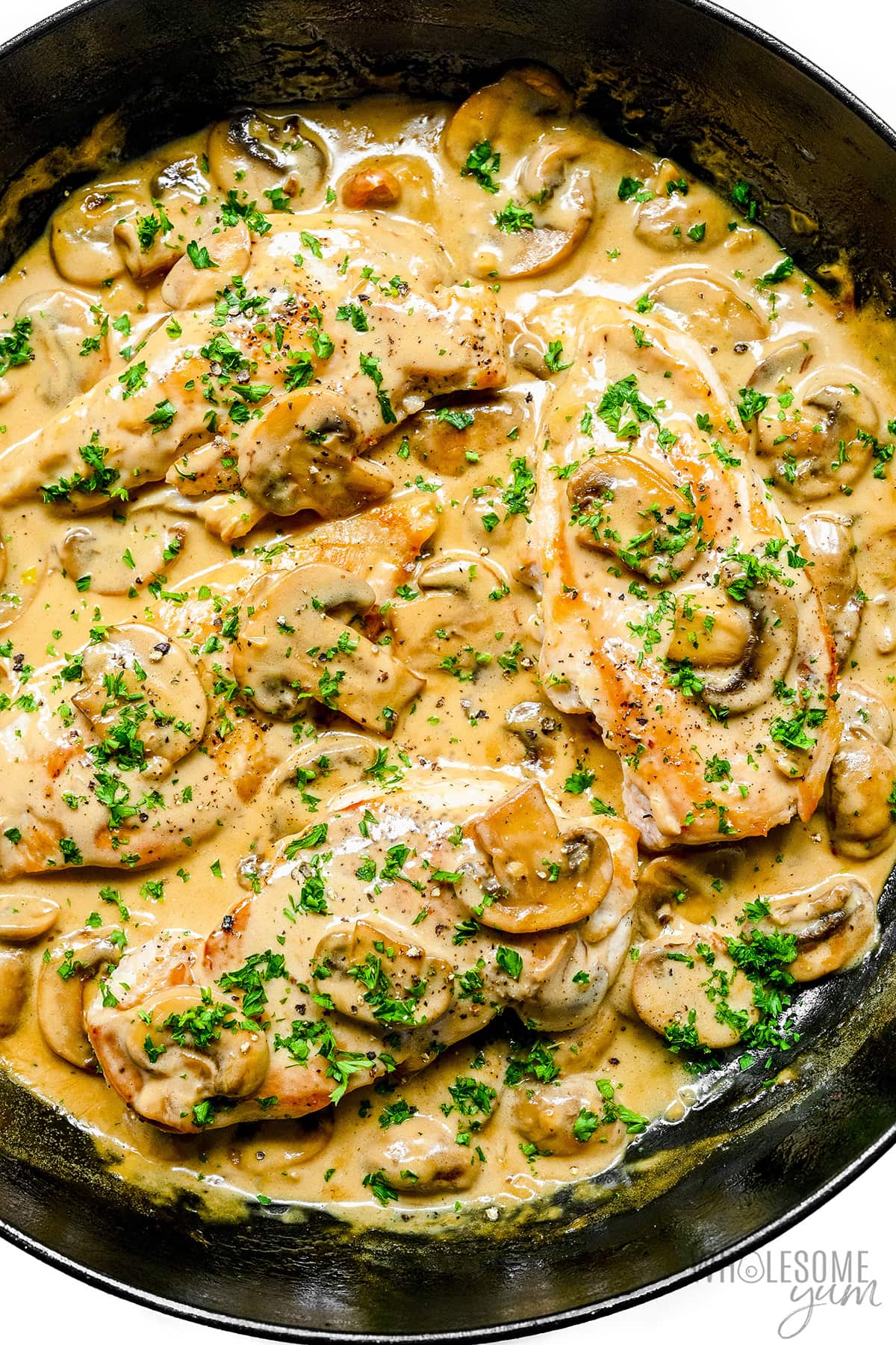 Finished chicken marsala recipe in a skillet.