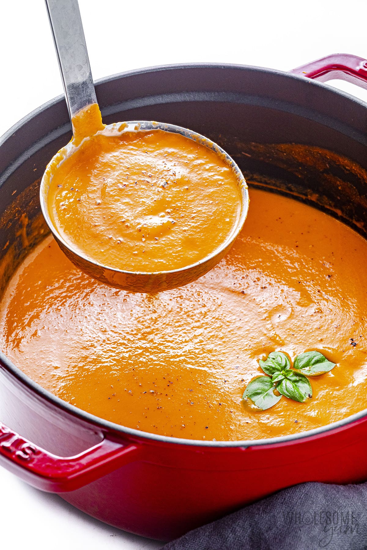 Roasted tomato soup in a pot.