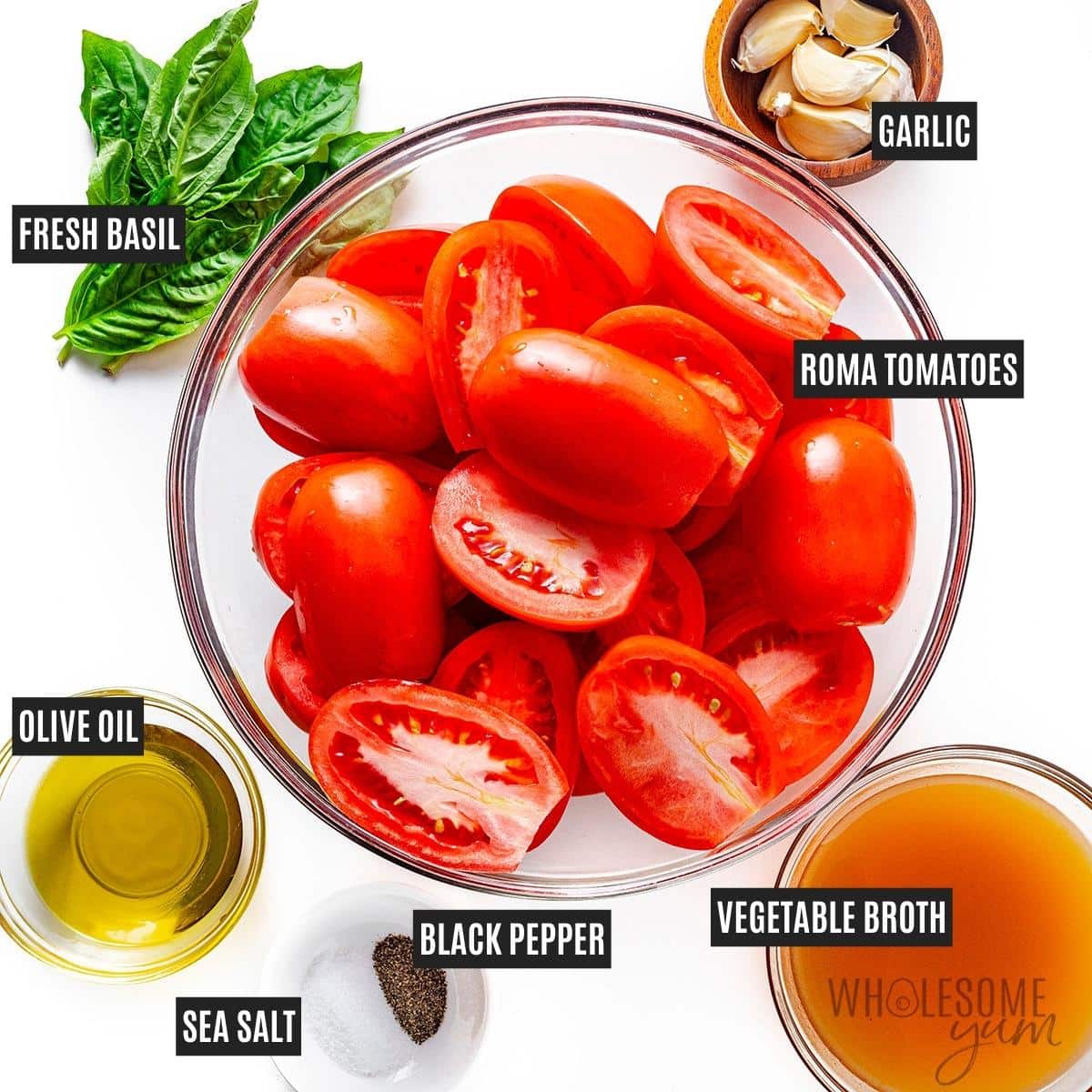 Roasted tomato soup recipe ingredients.