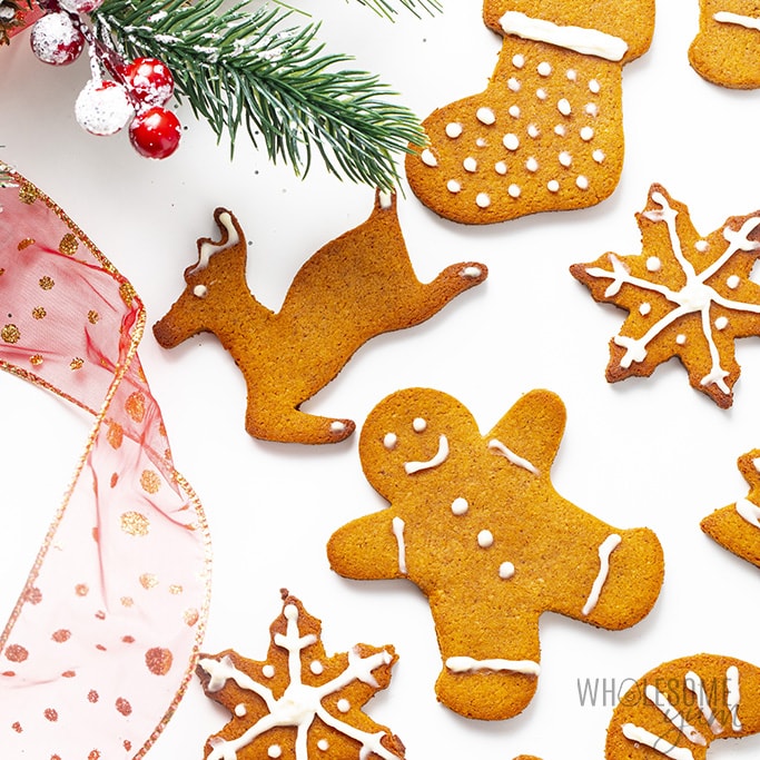 Keto gingerbread cookies decorated with icing