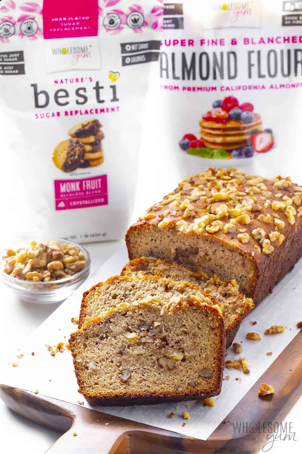 Almond flour banana bread shown with Wholesome Yum products