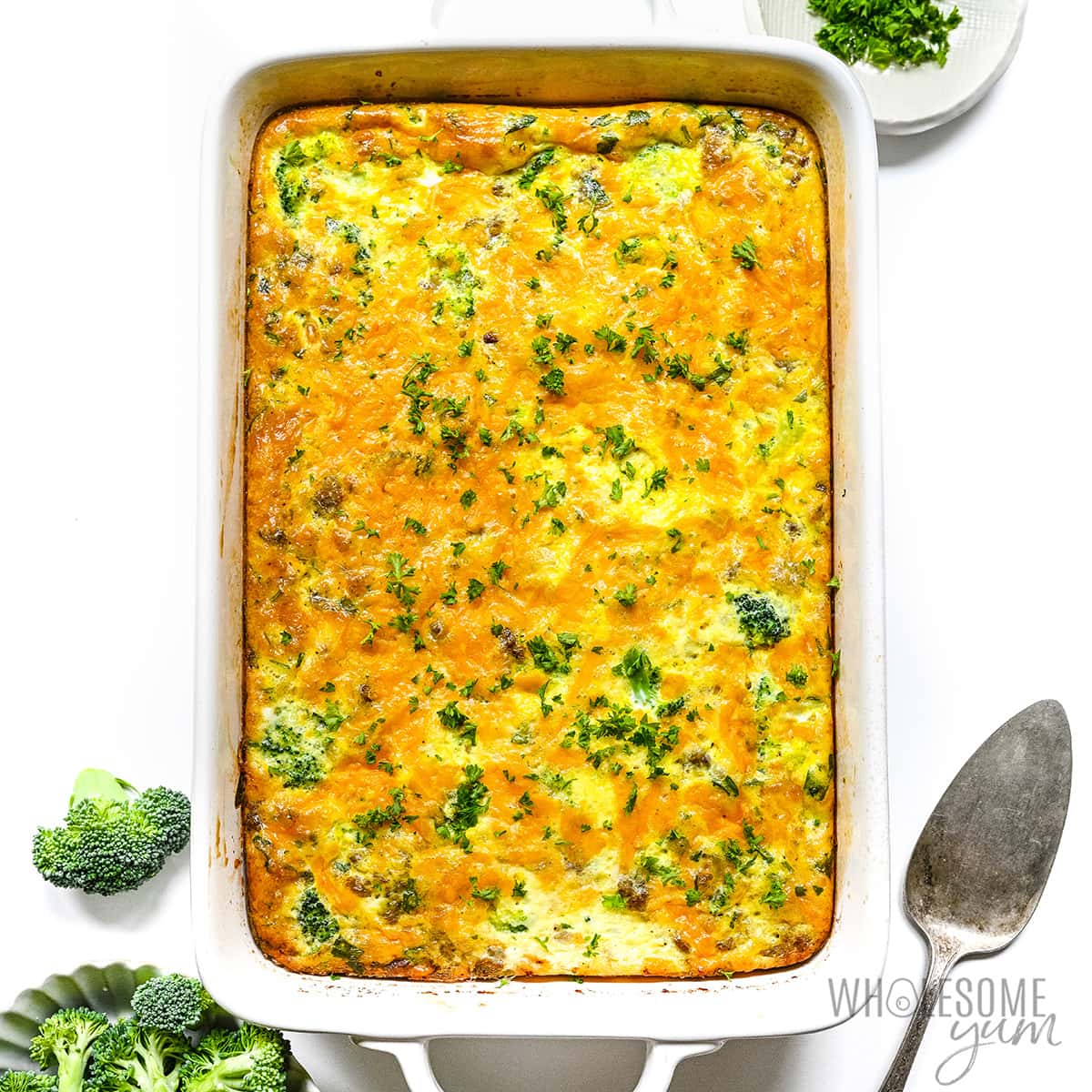 Sausage, egg and cheese casserole in a baking dish.