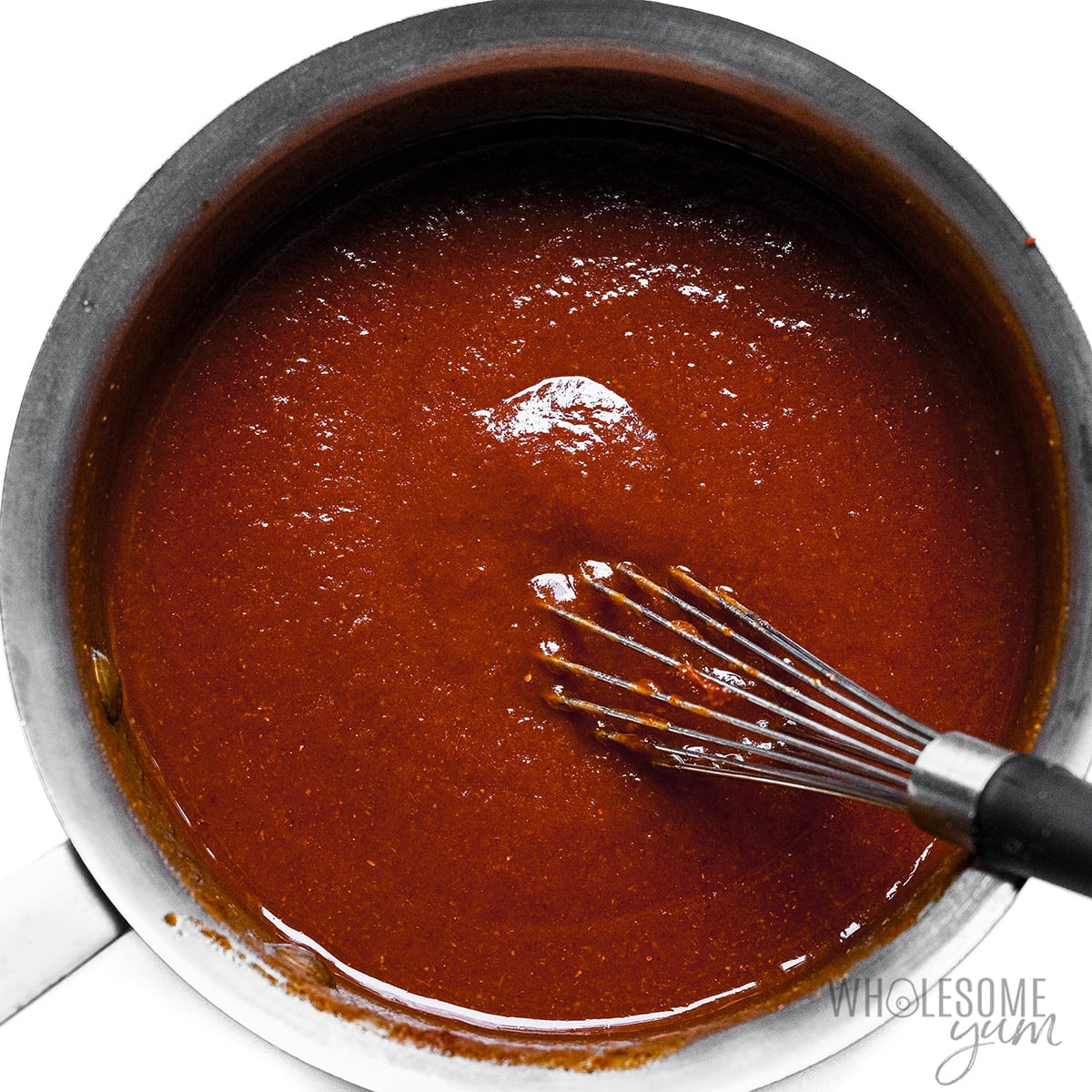 Low carb BBQ sauce in saucepan after simmering.