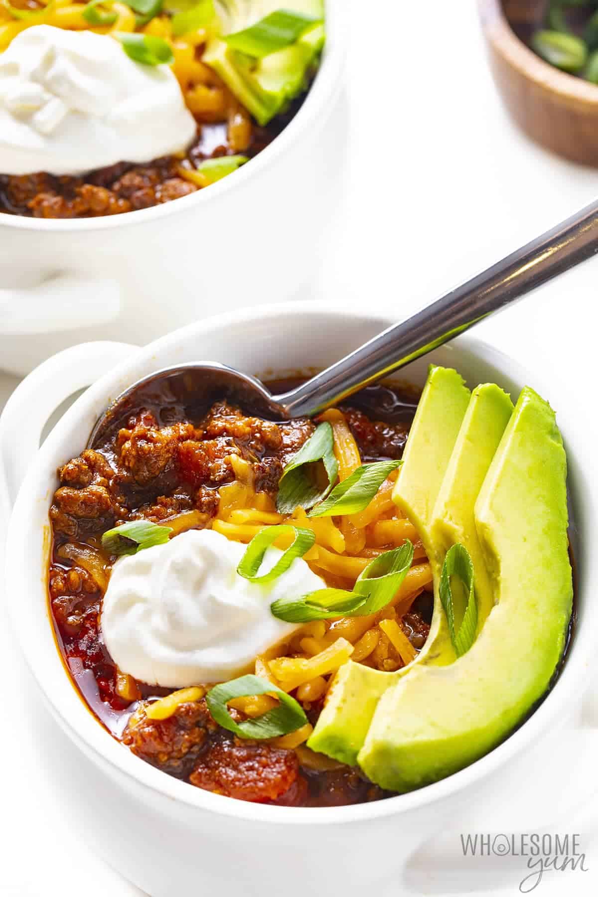 Bowls of low carb chili.