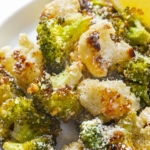 Roasted broccoli and cauliflower recipe close up.