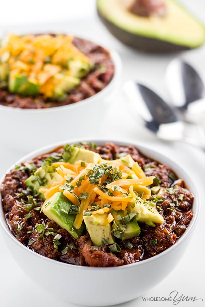 An easy low carb chili recipe in a Crock Pot slow cooker or Instant Pot pressure cooker! Made with just 10 ingredients. Healthy, paleo & gluten-free.