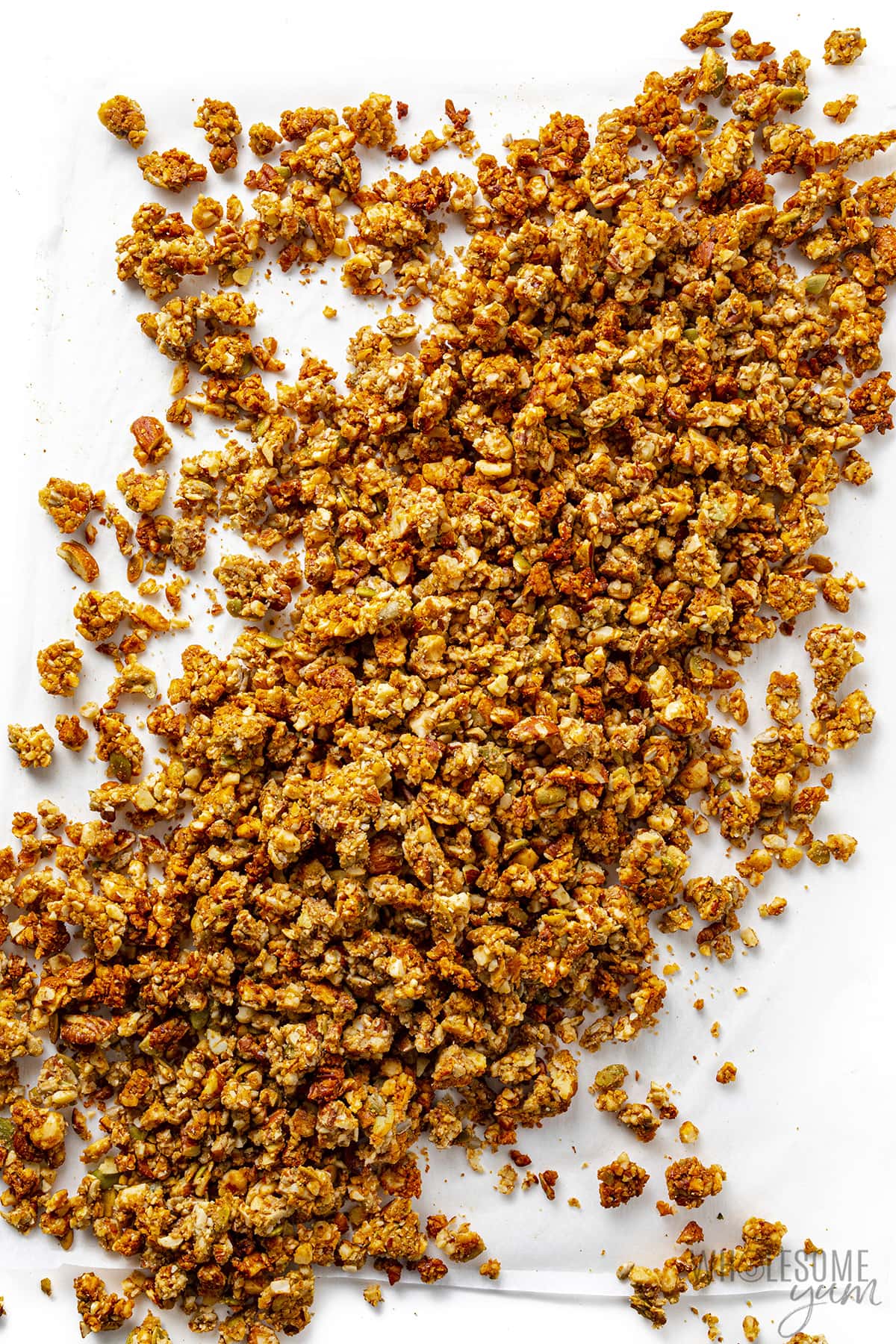 Low Carb Keto Granola Spread on Parchment Paper.