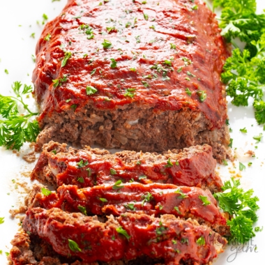 Keto meatloaf recipe, sliced, front view.