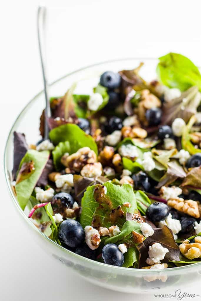 This easy spring mix salad recipe with blueberries, goat cheese, and walnuts comes with a blueberry vinaigrette dressing. Just 5 minutes to make!