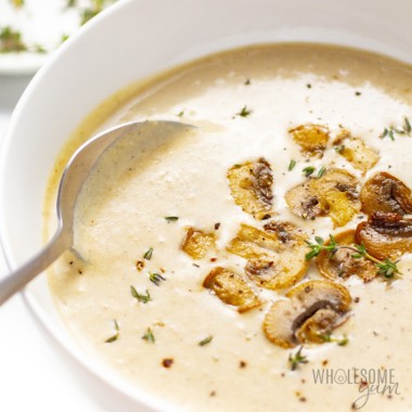 Keto cream of mushroom soup close up with a spoon