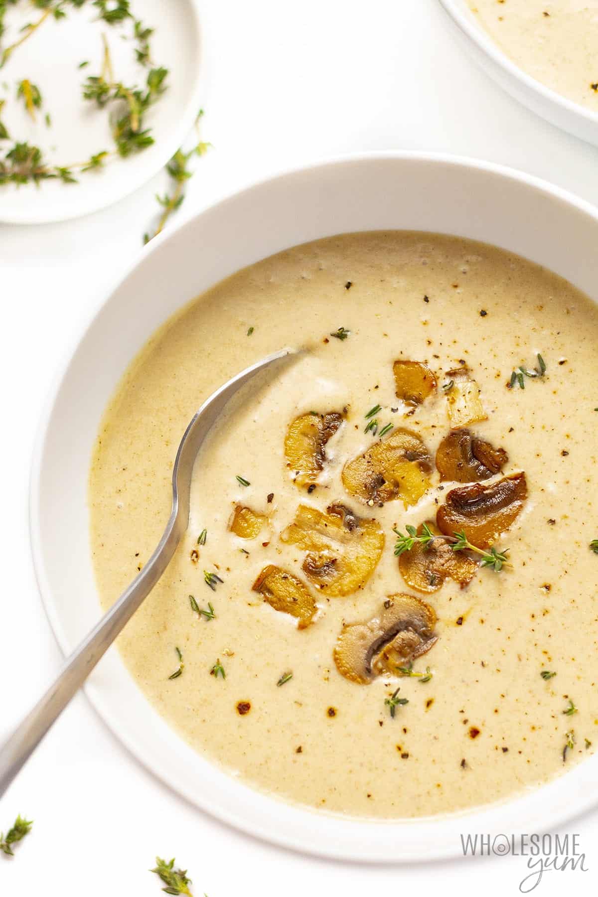 Low carb mushroom soup in a bowl ready to eat