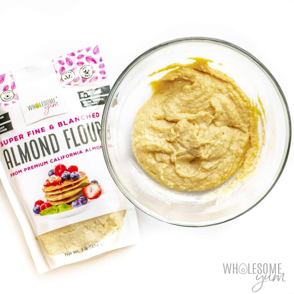 Almond flour biscuit recipe dough / batter in a bowl with almond flour