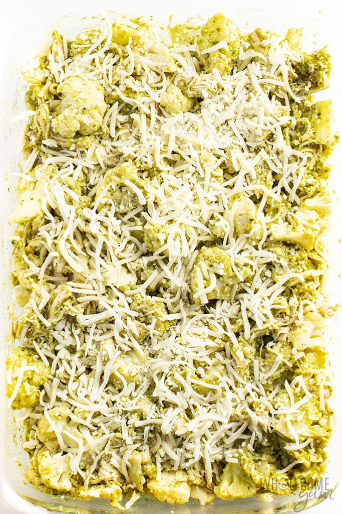 Cauliflower chicken casserole with mozzarella cheese sprinkled on top