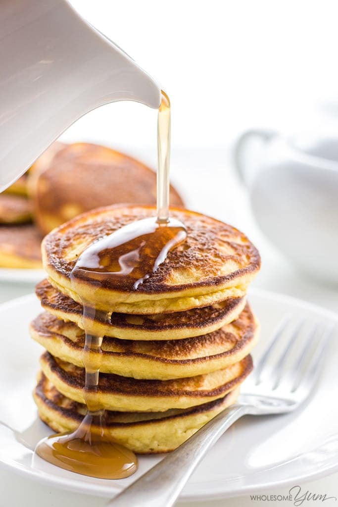 These keto low carb pancakes with almond flour and coconut flour are so easy, fluffy, and delicious. Paleo and gluten-free, too!