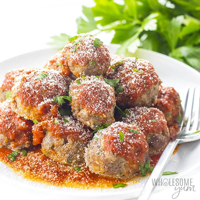 Pile of low carb meatballs on a plate
