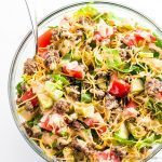 This easy low carb Big Mac salad recipe is ready in just 20 minutes! A gluten-free, keto cheeseburger salad like this makes a healthy lunch or dinner. Detail: big-mac-salad-low-carb-gluten-free-1