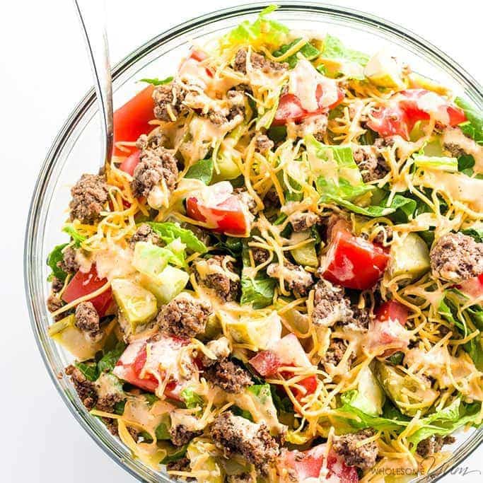 This easy low carb Big Mac salad recipe is ready in just 20 minutes! A gluten-free, keto cheeseburger salad like this makes a healthy lunch or dinner. Detail: big-mac-salad-low-carb-gluten-free-1
