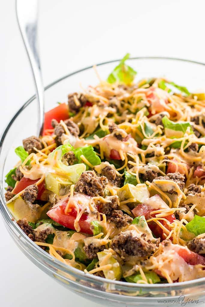 This easy low carb Big Mac salad recipe is ready in just 20 minutes! A gluten-free, keto cheeseburger salad like this makes a healthy lunch or dinner.