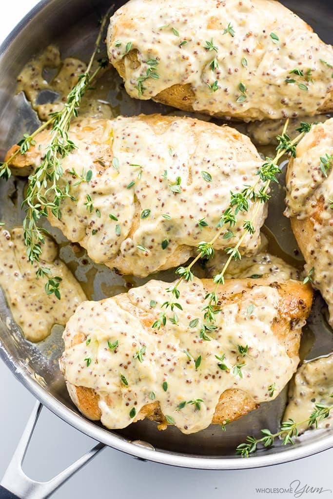This quick & easy pan seared chicken breast recipe with mustard cream sauce takes just 15 minutes! It's the perfect healthy, flavorful weeknight dinner. It's low carb and gluten-free, too!
