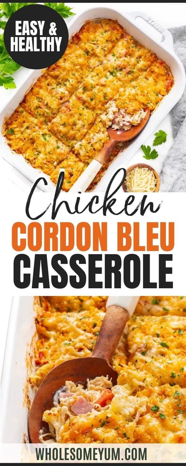 Keto chicken cordon bleu casserole recipe pin.