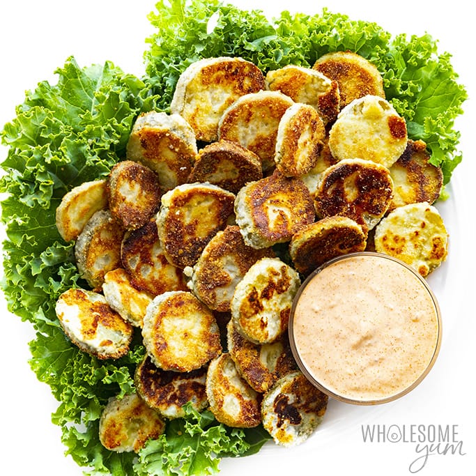 Platter of gluten-free fried pickles and dipping sauce