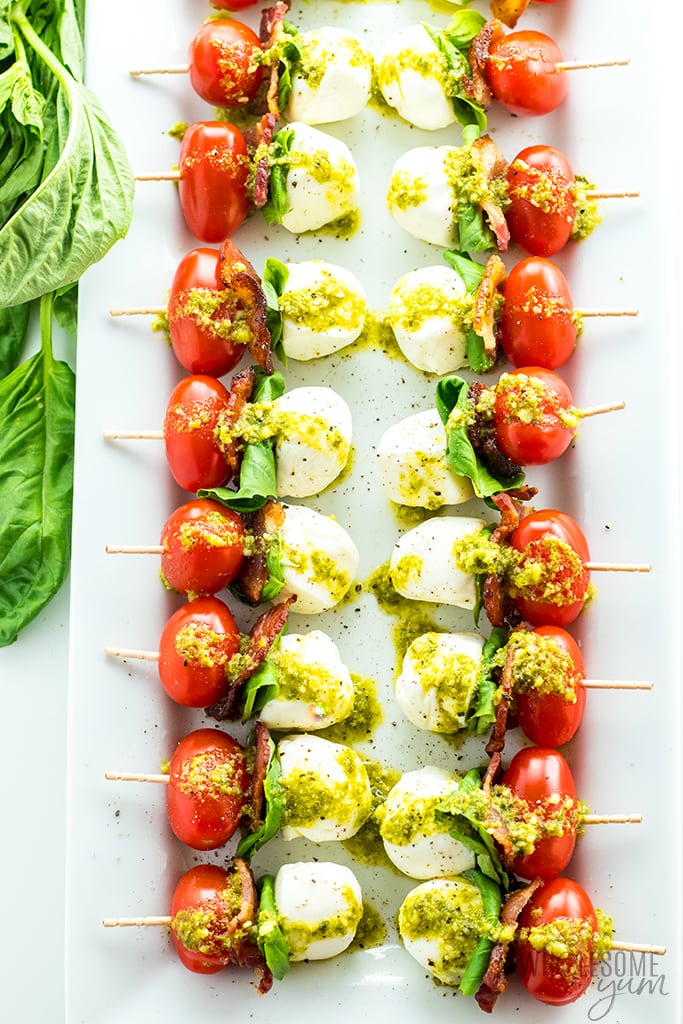 Caprese appetizer skewers with tomato, bacon, and basil