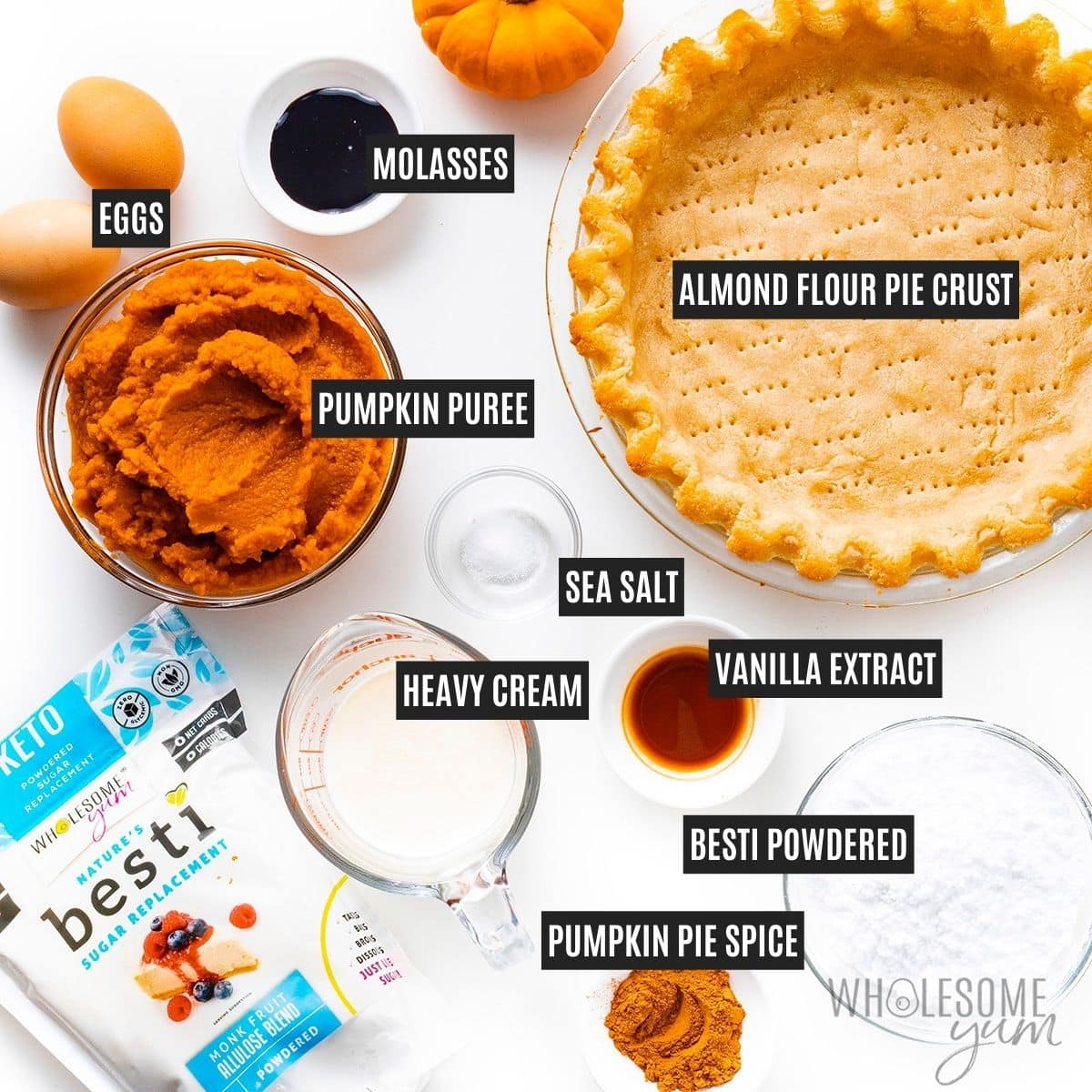 Keto pumpkin pie recipe ingredients.