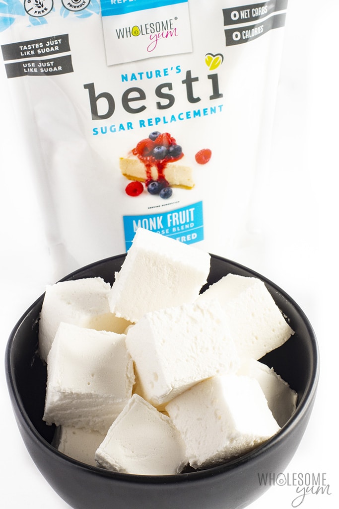 Sugar-free low carb marshmallows in a black bowl with a bag of Besti
