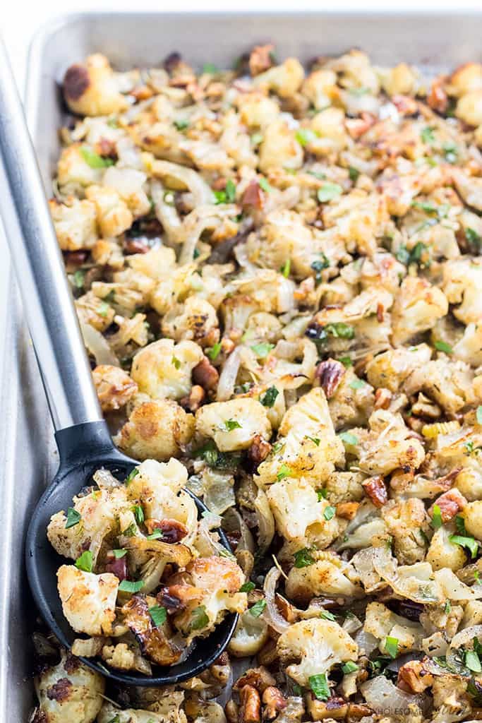 Low Carb Paleo Cauliflower Stuffing Recipe for Thanksgiving - Need an easy low carb paleo stuffing for Thanksgiving (or anytime)? Try this cauliflower stuffing recipe! It has all the same flavors, plus it's healthy & delicious.
