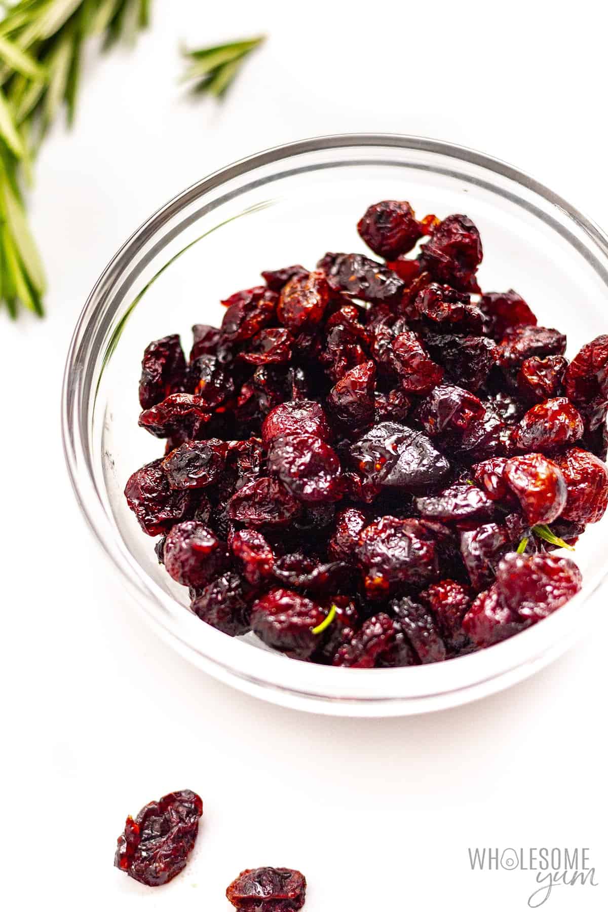 Keto dried cranberries without sugar in a glass bowl