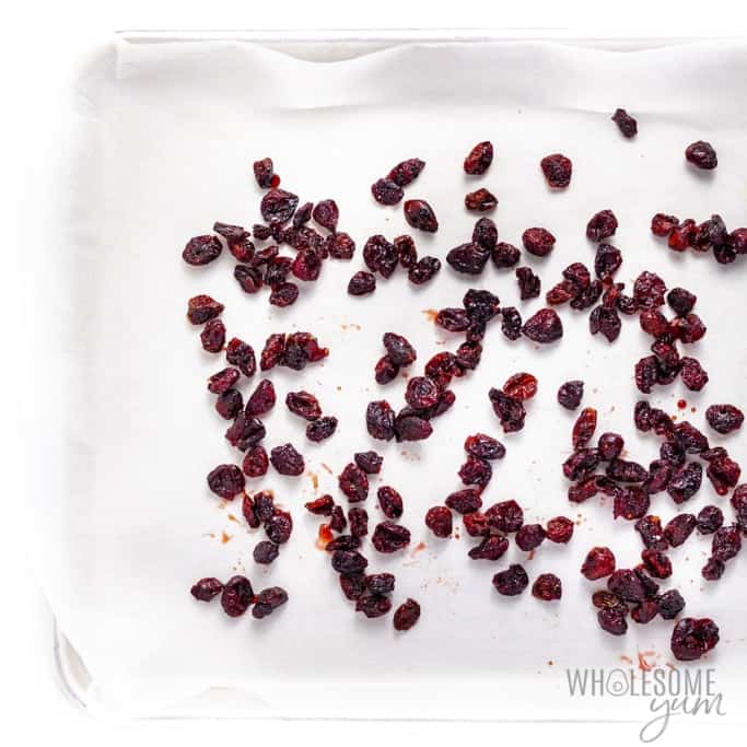 Fully dried unsweetened cranberries in a pan