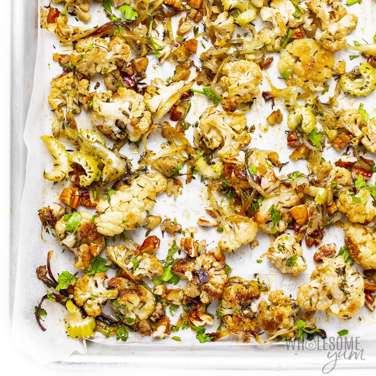 Fully finished stuffing on a sheet pan.