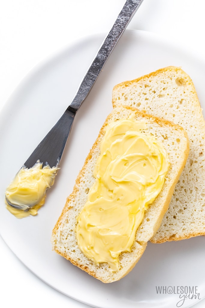 Keto sandwich bread with butter spread on it