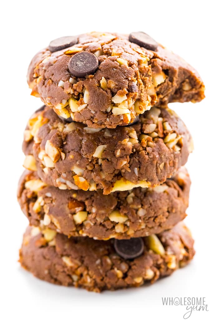 Tall stack of keto chocolate peanut butter cookies
