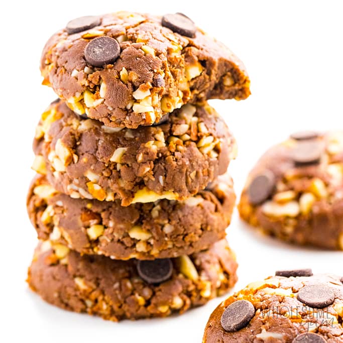 Keto no bake cookies in a stack