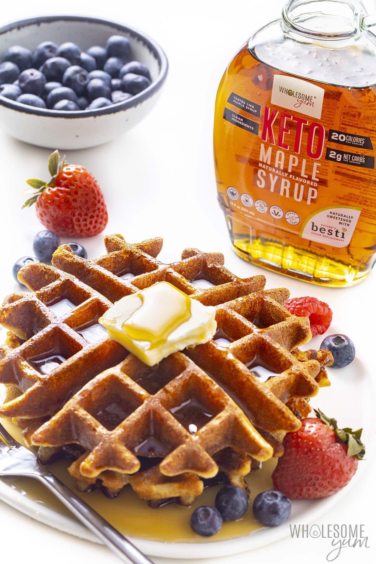 Almond flour waffles with keto maple syrup.