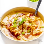 Buffalo Chicken Soup in a bowl with toppings.